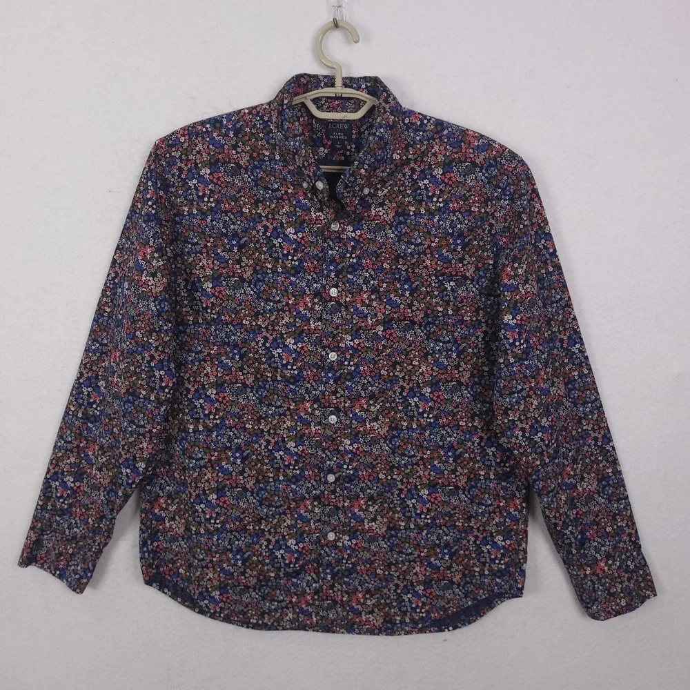 J.Crew Button Down Shirt Mens L Navy Floral Flex Washed Classic Fit Long Sleeve